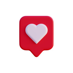 Social media like love icon notification 3d render isolated front view PNG transparent