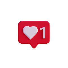 Social media 1 like love icon notification 3d render isolated front view PNG transparent