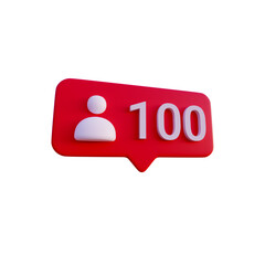 Social media 100 follow icon notification 3d render isolated perspective view PNG transparent