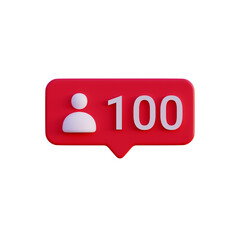 Social media 100 follow icon notification 3d render isolated front view PNG transparent
