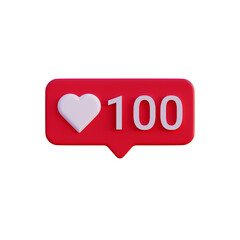 Social media 100 like love icon notification 3d render isolated front view PNG transparent