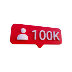 Social media 100k follow icon notification 3d render isolated perspective view PNG transparent