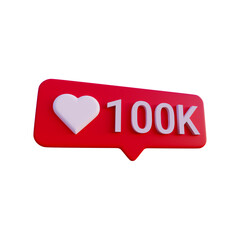 Social media 100K like love icon notification 3d render isolated perspective view PNG transparent