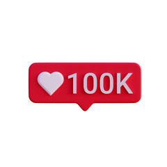 Social media 100K like love icon notification 3d render isolated front view PNG transparent