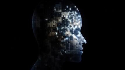 Obraz premium Mental health, psychotherapy, strategy, logical brain and memory creative abstract concept. Human Head silhouette with jigsaw puzzle pieces. Mindfulness, thinking, self care idea. 