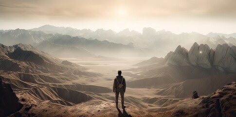 Fototapeta premium Sporty man on the mountain peak looking on mountain valley with sunbeams at colorful sunset in autumn. Landscape traveler, foggy hills, forest in fall, amazing sky and sunlight in fall. Generative Ai