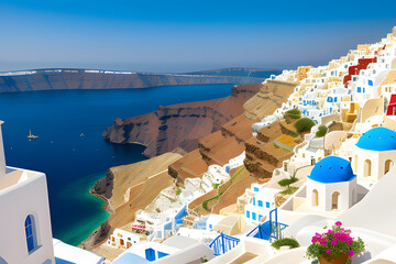 View of traditional white houses over the Caldera in Oia town on Santorini island