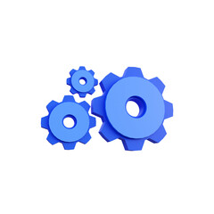 Blue three gear setting icon 3d render isolated perspective view PNG transparent
