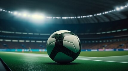 Naklejka premium Soccer ball in the center of the stadium with the arena in the background, the start of the match. Generative Ai