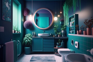 Modern bathroom interior design, bathroom with blank dark blue wall. Idea for design, Generative AI
