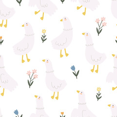 spring seamless pattern with cartoon birds, flower. colorful vector for kids. hand drawing, flat style. baby design for fabric, print, textile, wrapper