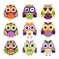 Set of cute bright owls. Owls with different emotions. Vector illustration isolated on white background.