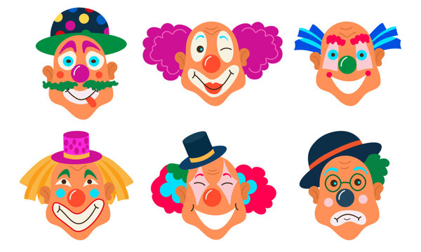 Various clowns. Birthday jester and prankster character with sad and happy expression in colorful costume for kids party celebration. Vector illustration.