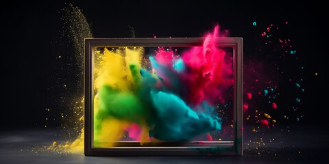Vibrant powder paint explosion on product display frame