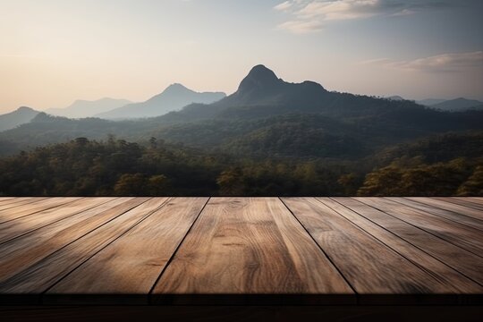 wooden table with a scenic mountain view in the background. Generative AI