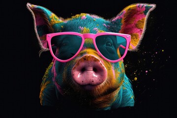 pig in sunglasses realistic with paint splatter abstract 