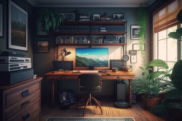 Interior of a brown home office with a wooden floor, a white desk, a computer, a bookcase, and walls covered in blank photos. a mockup. Generative AI