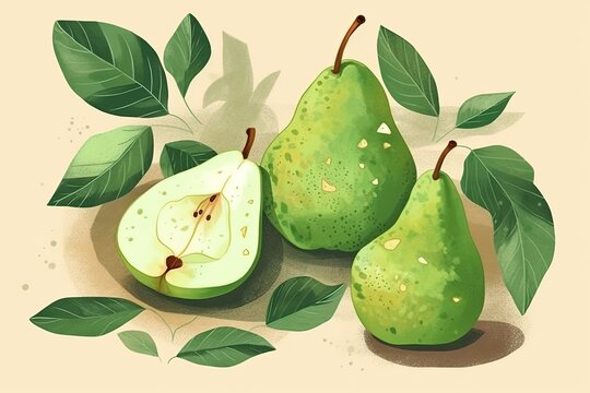 three ripe pears with green leaves. Generative AI