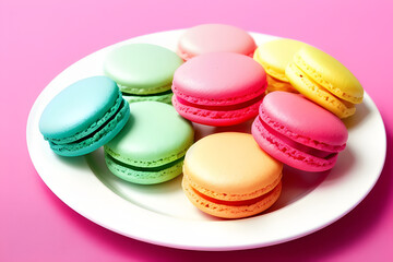 Obraz premium Macarons cookies on a round white plate on pink background.