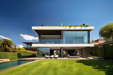 Exterior of a modern house with a pool in the garden