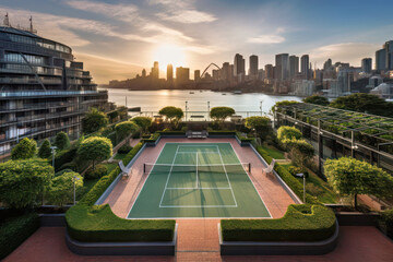 Beautiful cityscape and tennis court seen from above, Generative AI