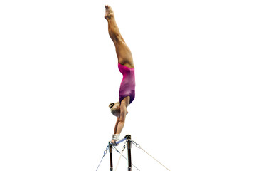 female gymnast exercise on uneven bars isolated on transparent background, olympic sports included...