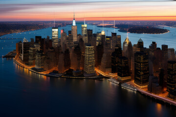 Manhattan panorama at sunset, color toning applied, New York City, USA.
