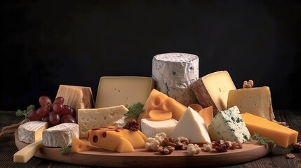 Different types of cheese on a dark background. AI generated