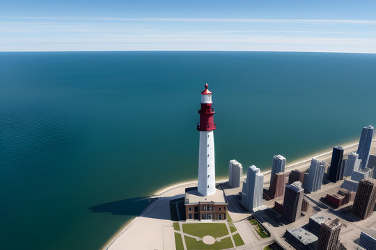 Aerial view of Chicago lighthouse, Lake Michigan, Illinois, USA. March 2023