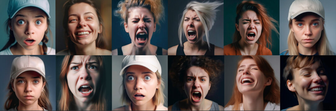 A collage of portraits of women with emotions on their faces. A large set of portraits of screaming, frightened, surprised and laughing women. Emotional facial expression of a woman. Generative AI