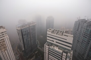 Obraz premium Hong Kong China centrum city in fog , generative artificial intelligence