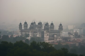 Fototapeta na wymiar Hyderabad India centrum city in fog, generative artificial intelligence