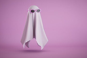 a ghost in sunglasses on a pastel background. copy paste, copy space. 3D render