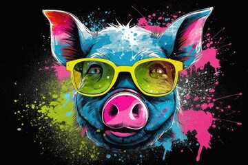 Fototapeta premium pig in sunglasses realistic with paint splatter abstract Generative AI