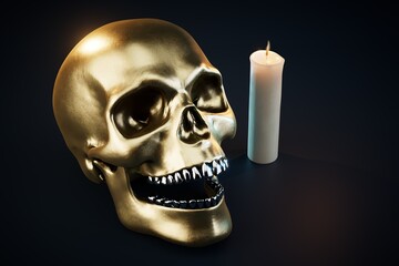 a gold-colored skull and burning candle on a black background. 3D render