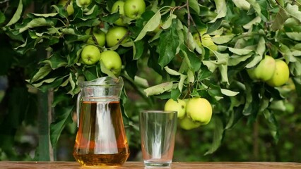 Apple juice on a wooden table in the garden, around it are apples. Farmer taking a jug and pour fresh juice into glass from the apple orchard. Pouring apple juice into a glass in a summer day outdoors