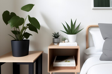 the bedside table with a plant on it in front of white wall