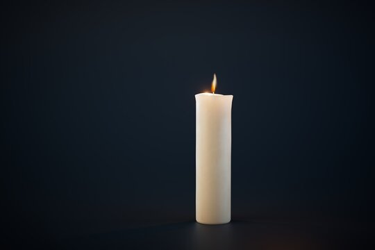 a lonely burning candle in the middle of a black background. copy paste, copy space. 3D render