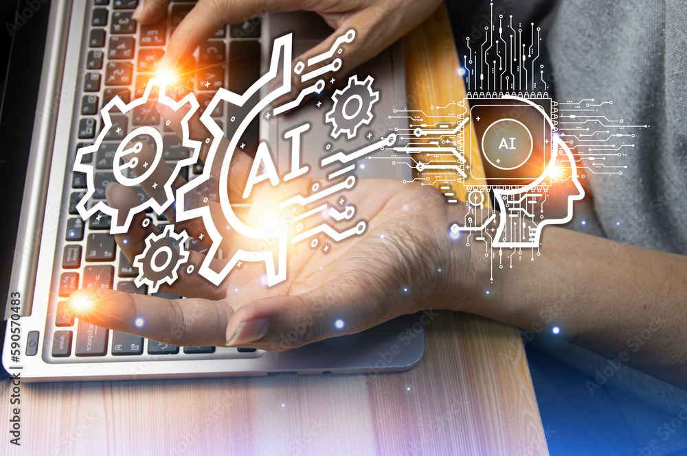Poster technology and people concept man use ai to help work, ai learning and artificial intelligence conce