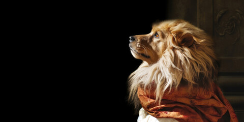 Naklejka premium theatrical lion wearing a ruff and reciting lines, copyspace, room for text (Generative AI)