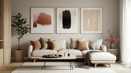 Stylish Living Room Interior with Mockup Frame Poster, Modern interior design, 3D render, 3D illustration
