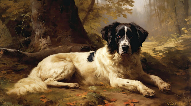 Painting of a Landser l	lying in the forest, in the style of Sir Edwin Landseer,  created by generative AI