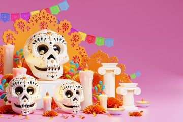 3D rendering for Day of the Dead, Dia de muertos altar concept. Composition of cute sugar skulls, white candles, marigold flowers of the dead. 3d illustration