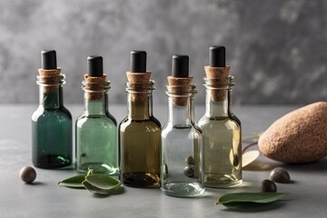 different varieties of olive oil bottles on a wooden table. Generative AI