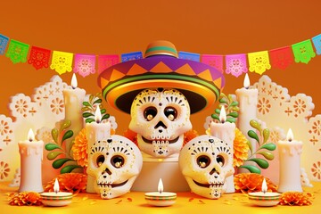 3D rendering for Day of the Dead, Dia de muertos altar concept. Composition of cute sugar skulls, white candles, marigold flowers of the dead. 3d illustration