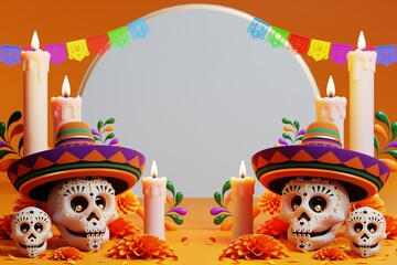 3D rendering for Day of the Dead, Dia de muertos altar concept. Composition of cute sugar skulls, white candles, marigold flowers of the dead. 3d illustration