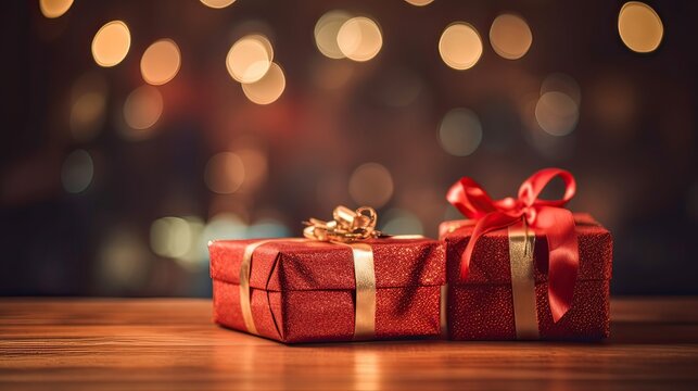 Christmas presents wrapped in red paper with gold ribbon on on wooden table background and bokeh. Place for typography and logo. Copy space. Generative Ai.