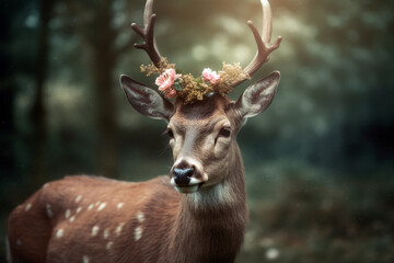 graceful deer wearing a flower crown, copyspace, room for text (Generative AI)