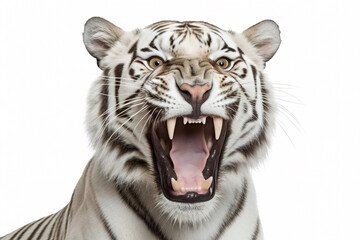 Obraz premium A white tiger with its mouth wide open isolated on a white background. Generative AI