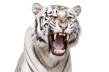 A white tiger with its mouth wide open isolated on a white background. Generative AI - Powered by Adobe